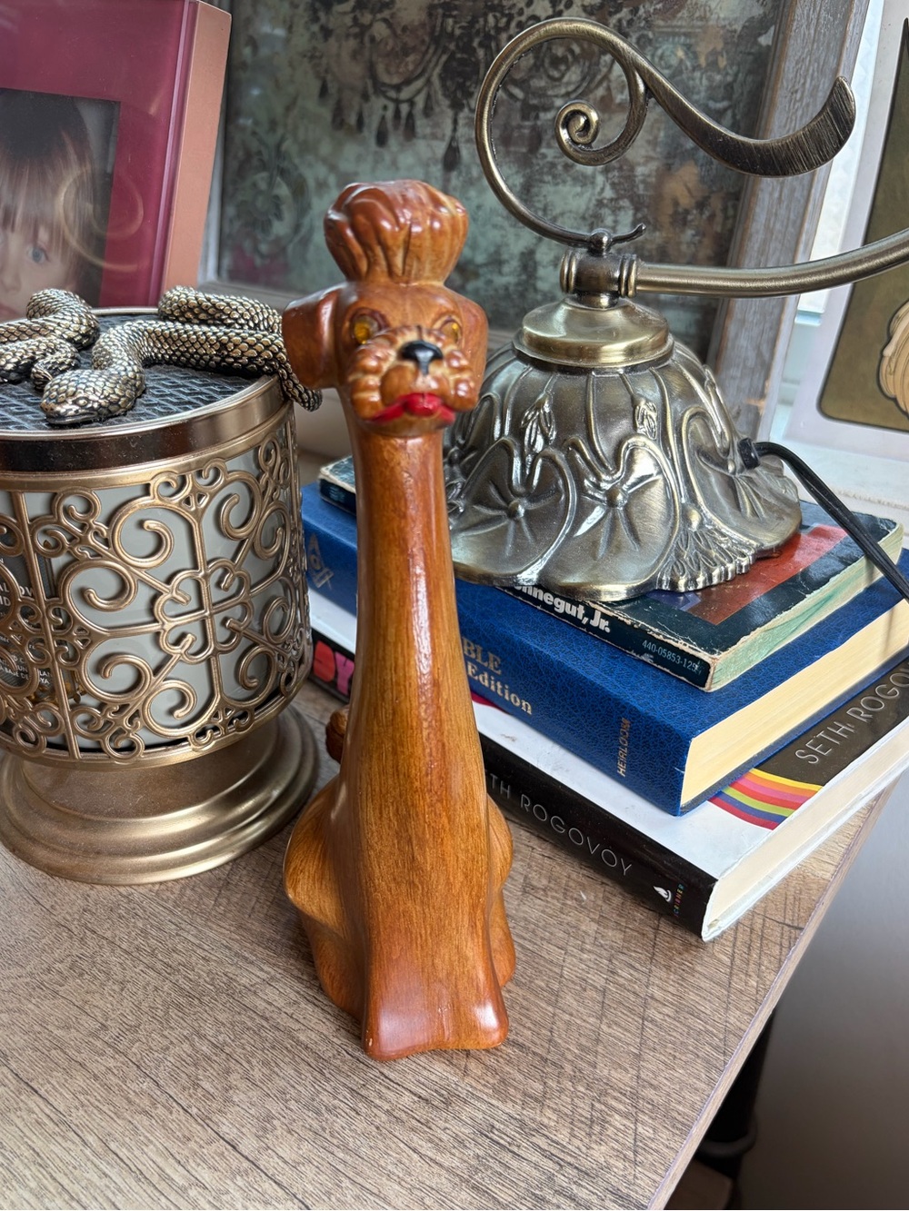 Vintage Miniature Poodle Dog Long Neck Figurine - MCM Kitsch Faux Wood Composite